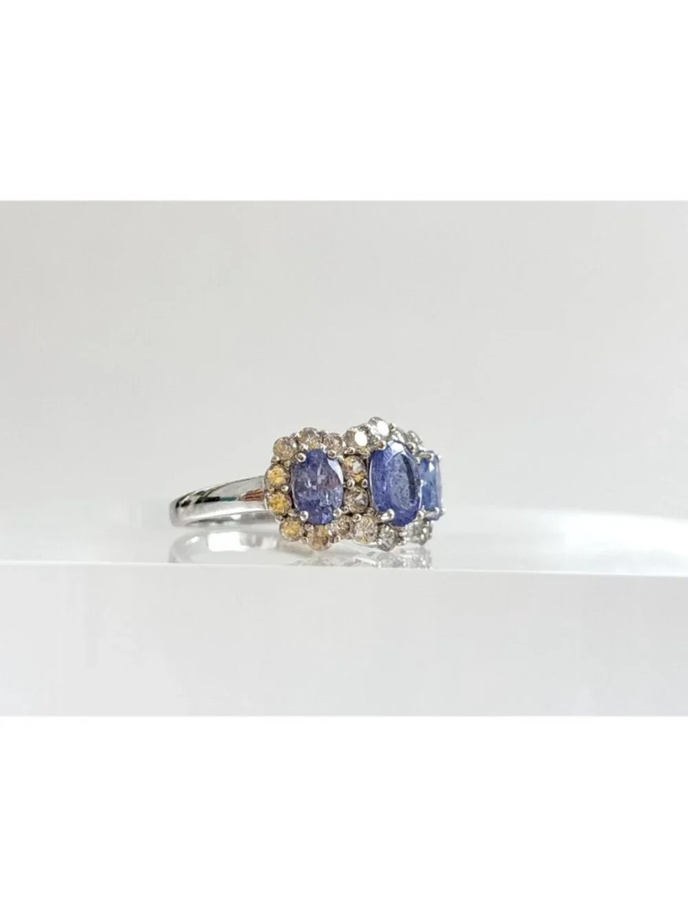 Tanzanite Gemstone Triple Oval Cut Halo Sterling Silver 925 Vintage Ring - sz 8